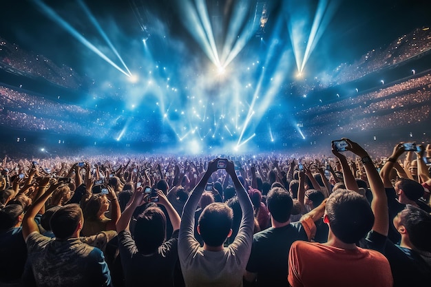 Rear view of a crowd at a concert smartphones held aloft mirroring overhead lights