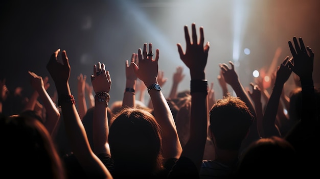 Rear view of the crowd at an event raising their hands to the stage lights