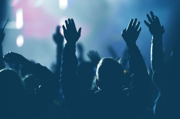 Photo rear view of crowd with arms outstretched at concert