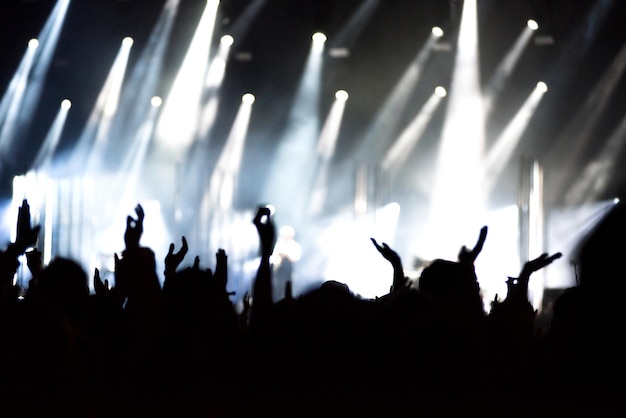 Rear view of crowd with arms outstretched at concert