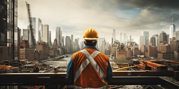 Photo rear view of engineer looking at construction site with skyscrapers