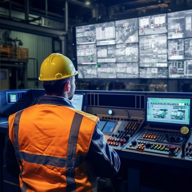 Photo rear view of an engineer wearing a safety helmet generative ai