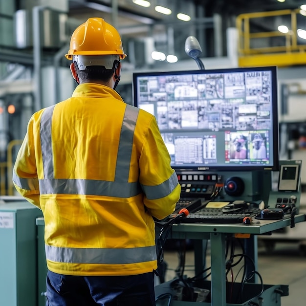 Rear view of an engineer wearing a safety helmet Generative Ai