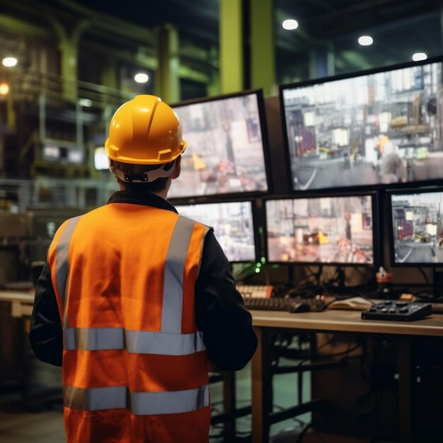 Rear view of an engineer wearing a safety helmet Generative Ai