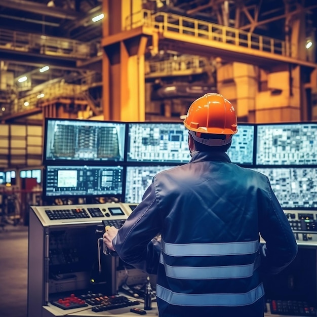 Rear view of an engineer wearing a safety helmet Generative Ai