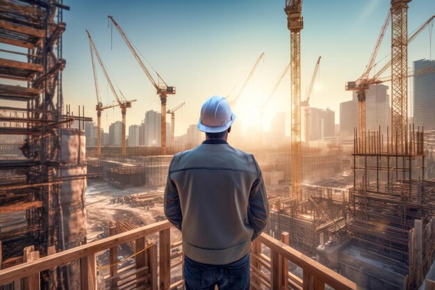 Rear view of engineer or worker in hardhat inspecting a construction site Generative AI