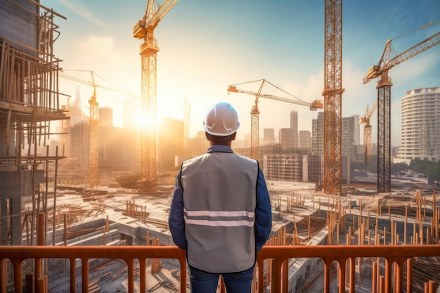 Rear view of engineer or worker in hardhat and safety vest inspecting a construction site