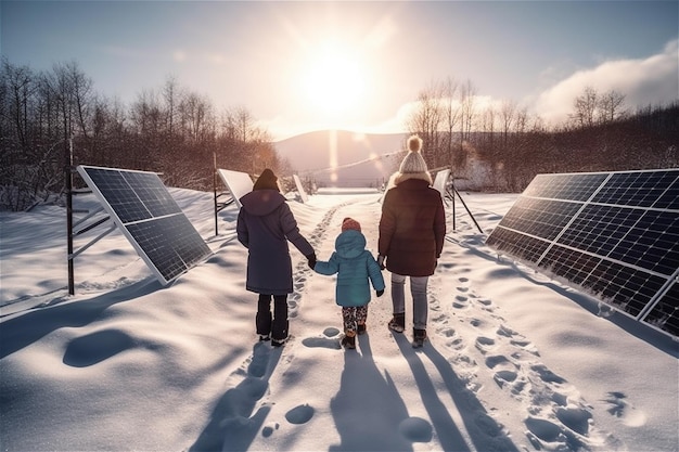 Rear view of family walking in snow day near solar panels Generative AI