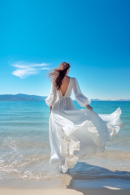 Rear view of a fashionable woman standing on a sunlit sea beach