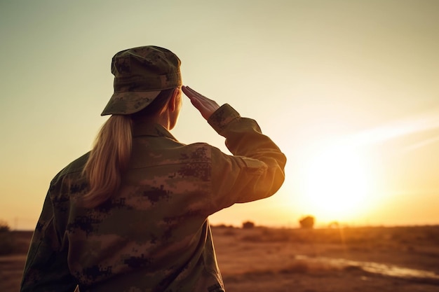 Foto retrovisione del soldato femminile dell'esercito che saluta contro il cielo di tramonto