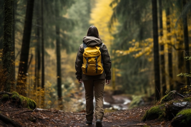 Rear view of female climber or hiker with backpack Hiking camp with nature background