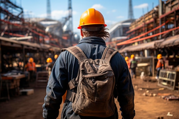 Rear view of a female construction worker wearing a safety helmet and working on a construction sitegenerative ai