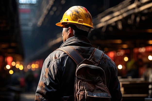 Rear view of a female construction worker wearing a safety helmet and working on a construction sitegenerative ai