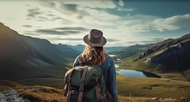 Rear view of female hiker with backpack looking out over a landscape