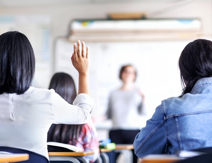 Photo 女子生徒が手を挙げながら尋ねている後ろの景色 十代の女の子が高校で学んでいます