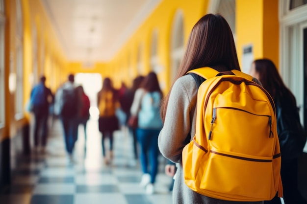 Foto vista posteriore di una studentessa con uno zaino giallo