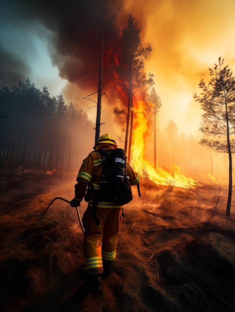 Rear view of a fireman approaching the fire in the forest Extinguishing the wildfire in the wood Generative AI