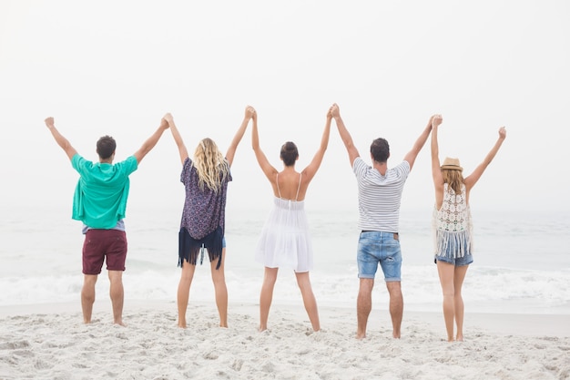 Rear view of friends holding hands and standing in a row