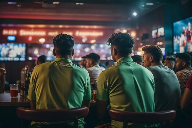 Rear View Of Friends Watching Game In Sports Bar On Screens