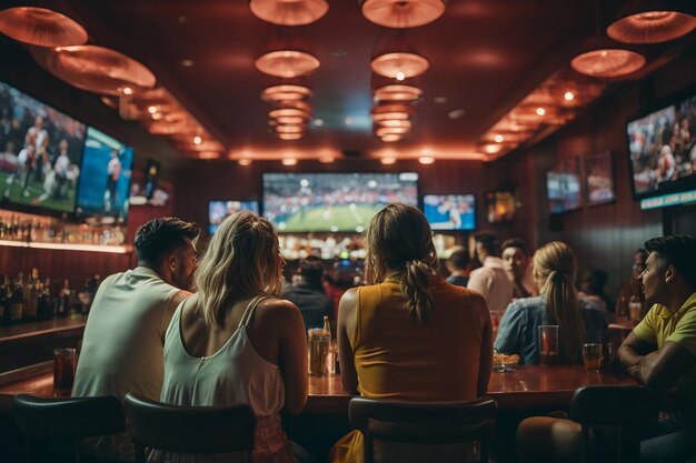 Rear View Of Friends Watching Game In Sports Bar On Screens