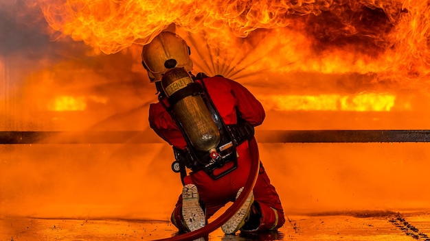 Photo rear view full length of firefighter spraying water