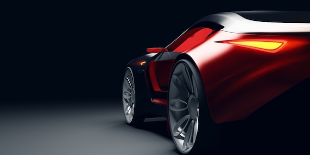 Rear view of futuristic fast sports car in studio light.\
brandless concept car. 3d illustraiton