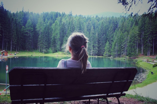 Rear view of girl sitting on bench at lakeshore