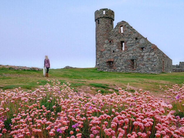 Rear view of girl standing on land by old ruins