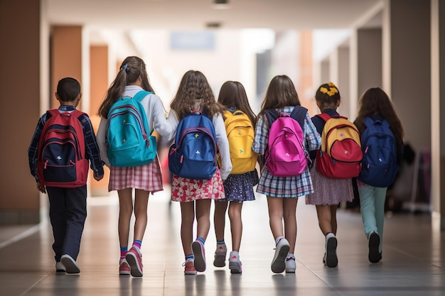 Вид сзади на группу разных учениц начальной школы, каждая с рюкзаком