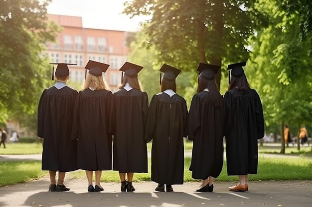 rear view of group of graduates in summer park