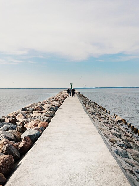 Rear view of groyne on beach against sky