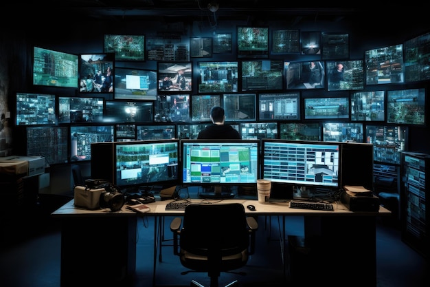 Rear view of a hacker in a dark room with computers and monitors Computer monitors in a room with many screens and monitors on the wall AI Generated