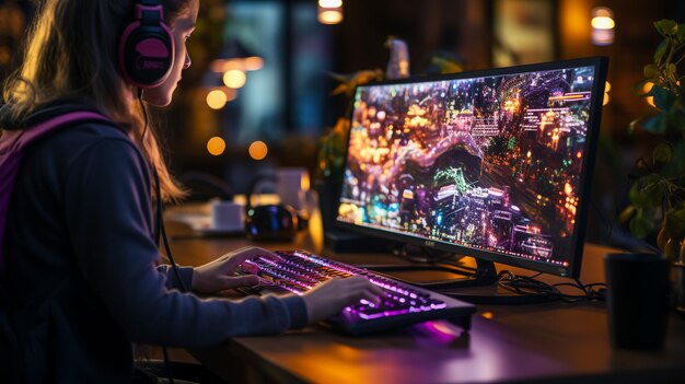 Photo rear view of a hacker using multiple computers for stealing data on desk