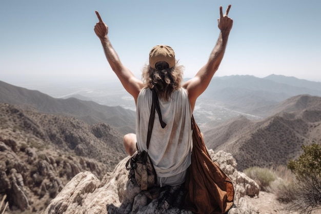 Foto vista posteriore di un escursionista seduto su una roccia e che mostra il segno della vittoria ia generativa