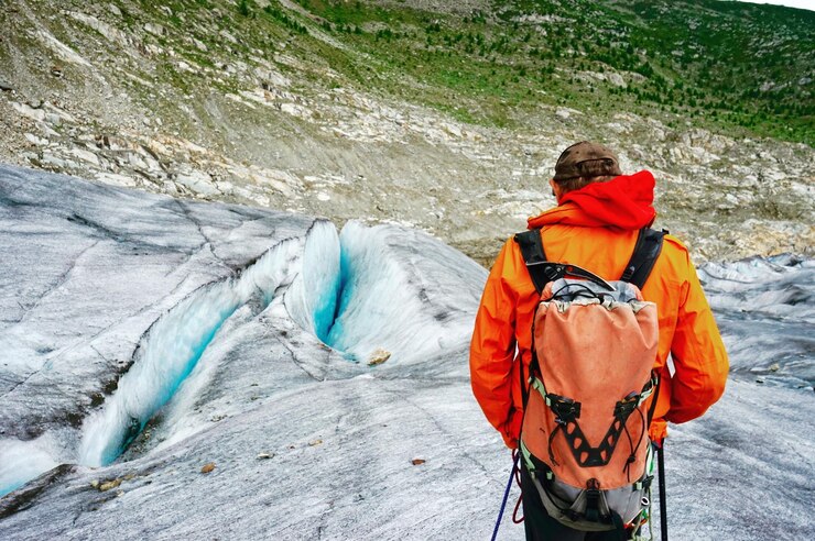 Photo rear view of hiker with backpack standing on mountain