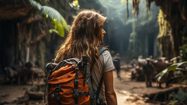 Rear view hiking woman in tropical jungle backpacker Generative Ai