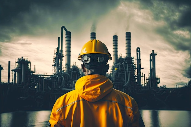 Rear view of industry worker in safety uniform at chemical plant