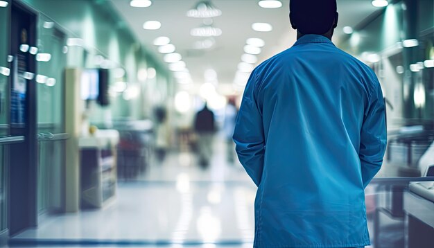 Rear view of a male doctor standing in a hospital corridor