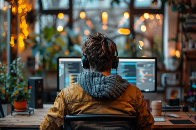 rear view of male scientist typing on keyboard on pc and laptop with program code on screen using php language for coding application sitting in home office