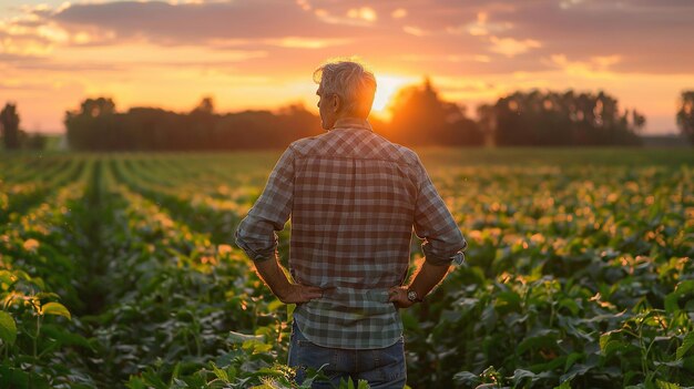 Rear View of Man in Agriculture Field at Sunrise