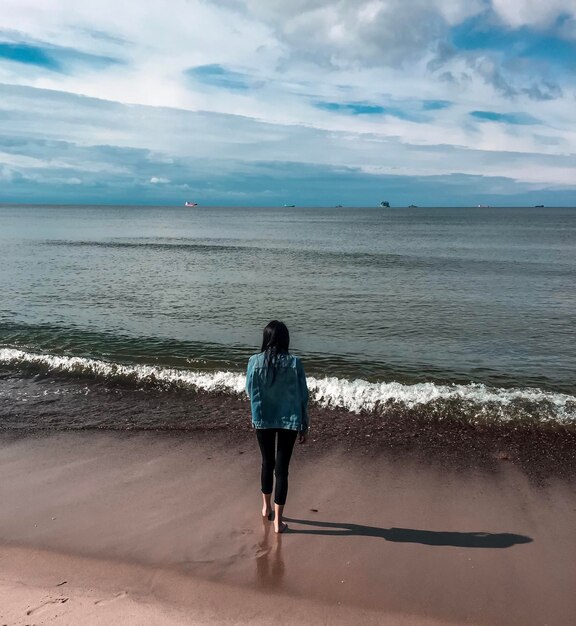 Rear view of man on beach against sky