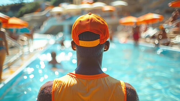 Rear view of a man in a cap and orange tshirt standing in the swimming pool