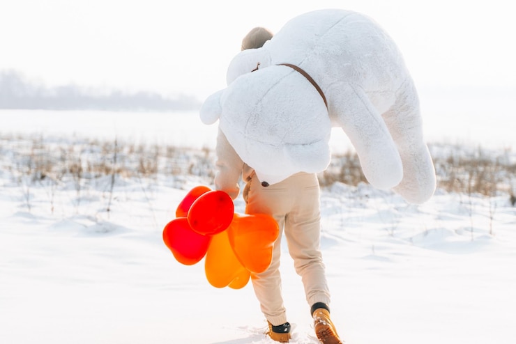 Photo rear view of man carrying stuffed toy with balloons on snow covered land