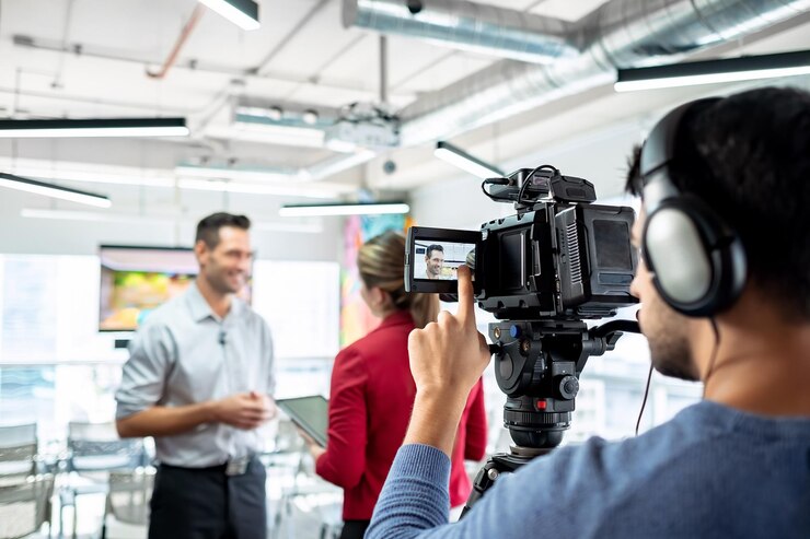 Photo rear view of man filming business people in office