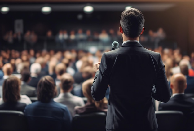 Rear view of Man giving a speech on stage in front of an audience