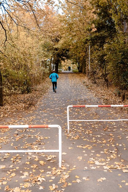 Rear view of man jogging on walkway amidst trees in park