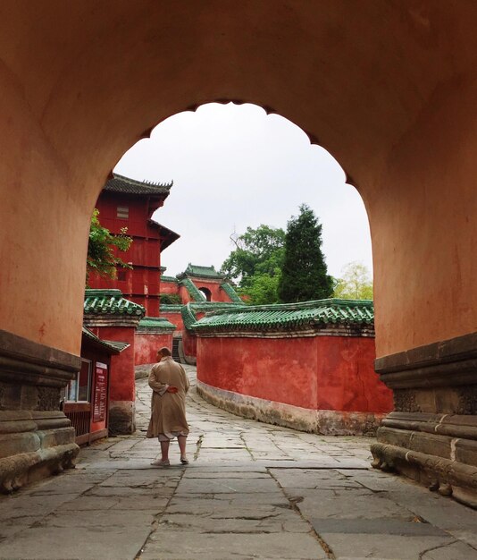 Rear view of man looking at archway