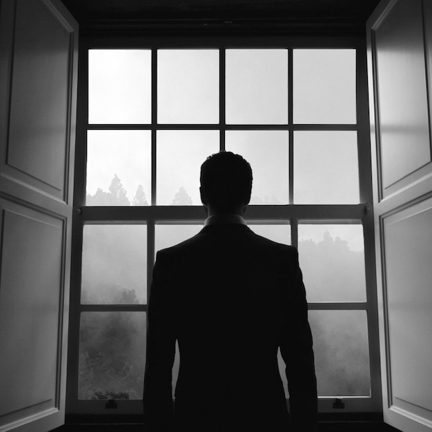 Rear view of man looking through window