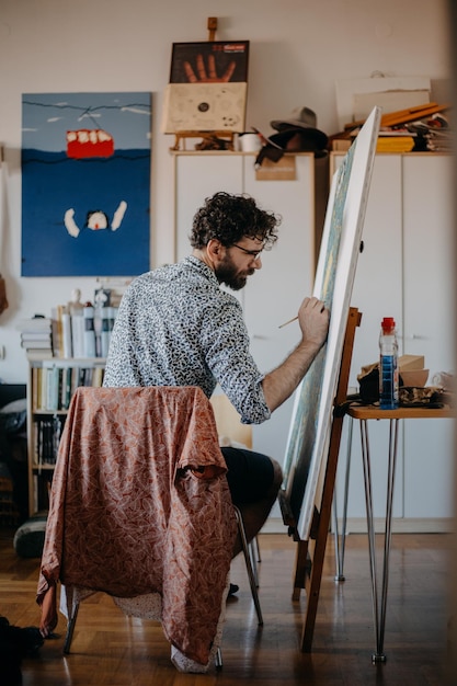 家でキャンバスに絵を描いている男の後ろの景色