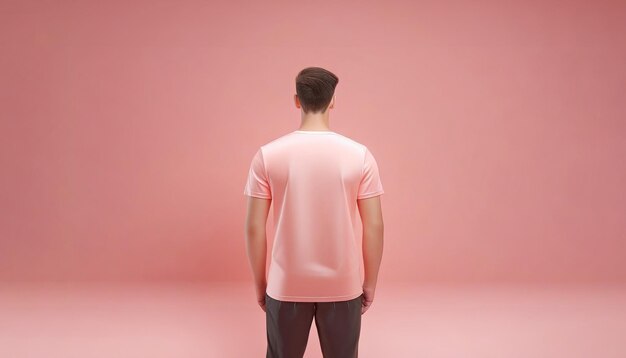 Photo rear view of a man in a pink tshirt standing against a pink background